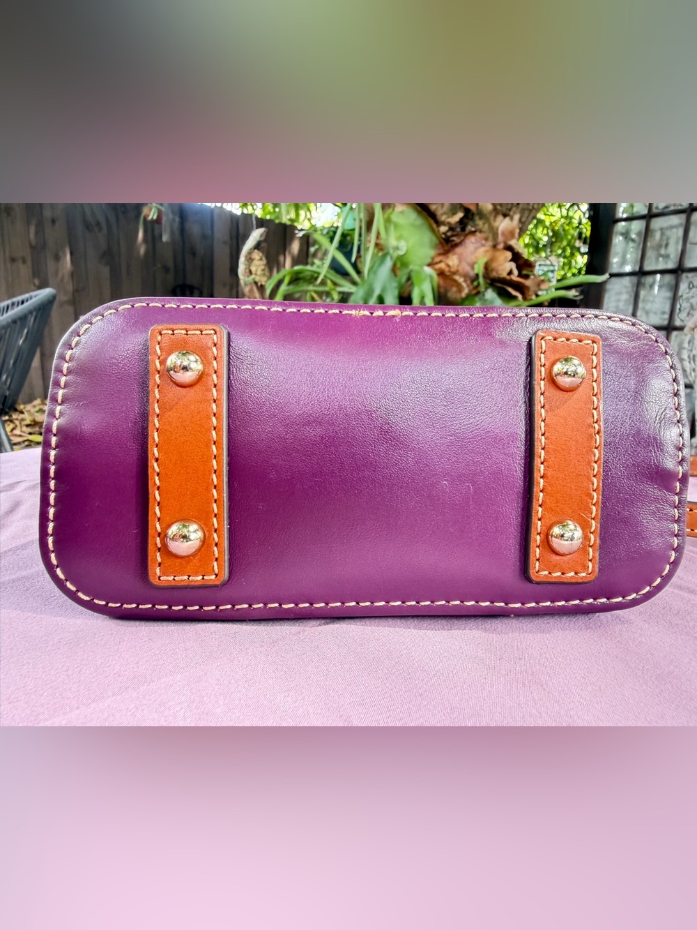 Dooney & Bourke Plum Leather Domed Crossbody with Vachetta Trim and Strap - Picture 8 of 12
